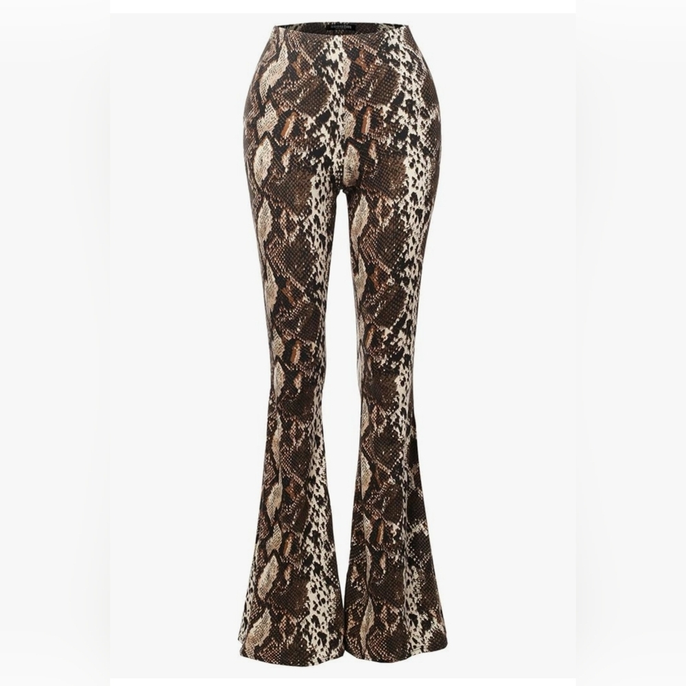 Brown Snake Print Flare Pants